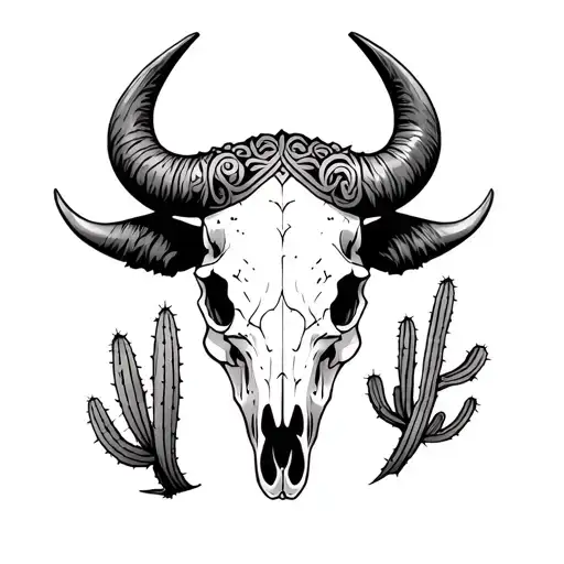 A neo-traditional feminine bison skull tattoo, intricate tooled leather detail around the horns, delicate Opuntia cactus tattoo design idea