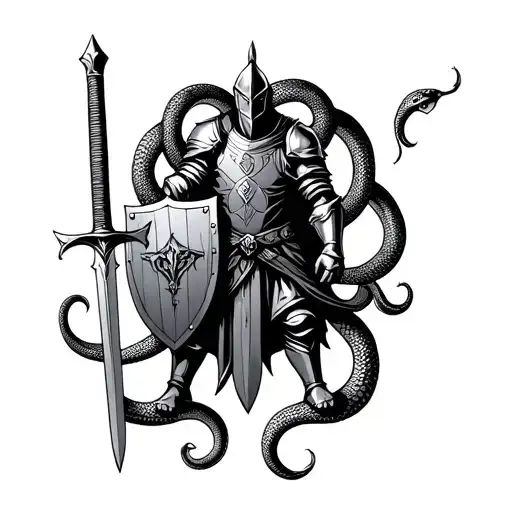 Standing Knight, sword, shield surrounded by snakes tattoo design idea