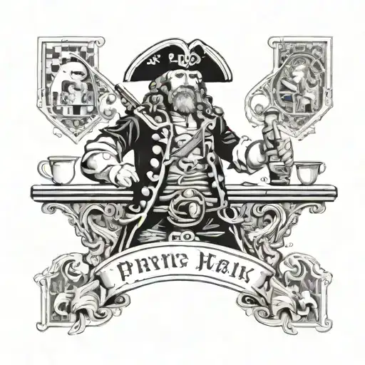 a pirate Captian, Viking warrior (no helmet just long hair), George Washington, Navy SEAL all playing cards at a bar  tattoo design idea