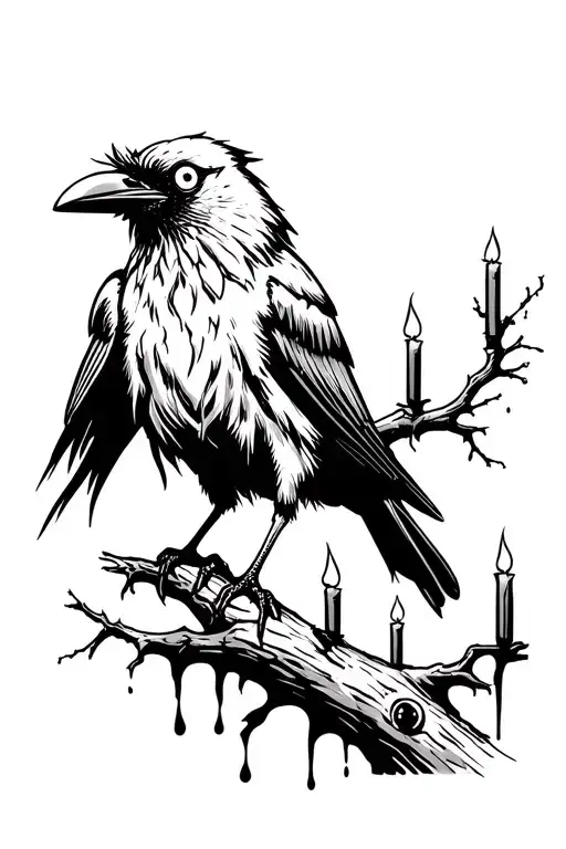 Unhinged evil looking crow, sitting on a dead tree branch with candles melting off of it, an eye ball in the beak  tattoo design idea