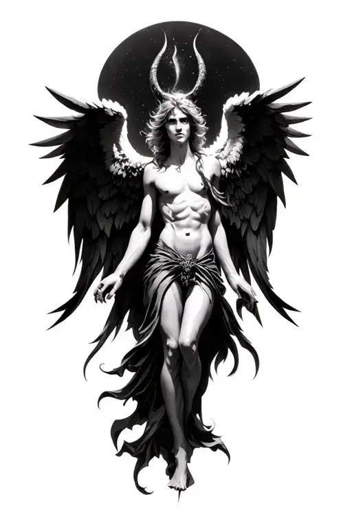 "Expressionistic, highly detailed black and white engraving-style image of the angel Lucifer, with dark, majestic wings  tattoo design idea