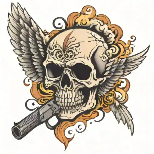 skull gun wings smoke cloud background tattoo design idea