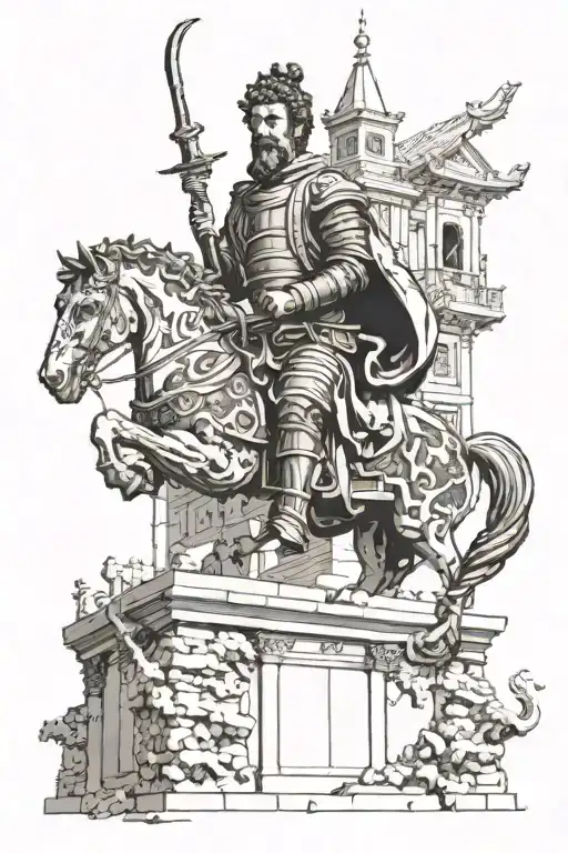 Statue of Marcus Aurelius, a bell tower, the phrase "live to die another day" tattoo design idea