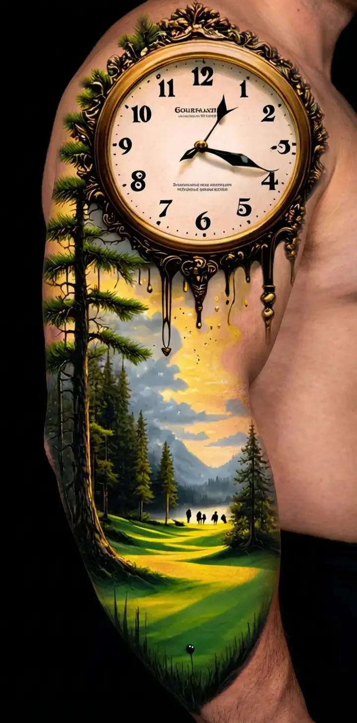 pine forest scene and family on golf course and salvador dali melting clock tattoo design idea