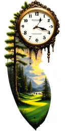 pine forest scene and family on golf course and salvador dali melting clock tattoo design idea
