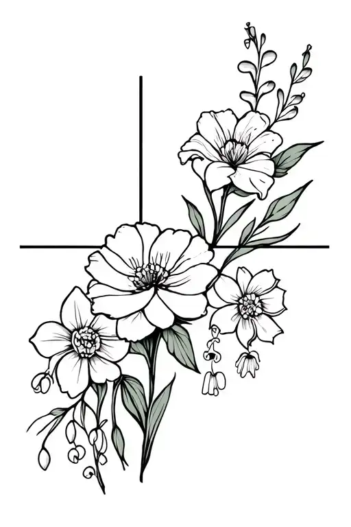 Black and White, Fine Line Cross with a Carnation, Violet Flower, Daffodil, Lily of valley, Rose, and Marigold Flower tattoo design idea