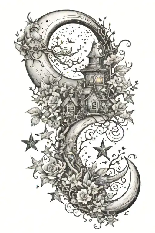 A whimsical moon and star garden with witchy elements tattoo design idea