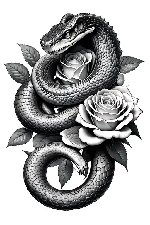 pit viper wrapped around roses black and gray tattoo design idea