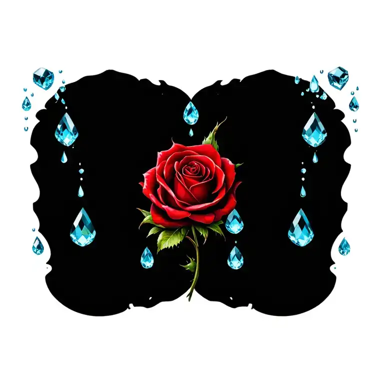 aquamarine gem in center, red rose, Rain drops, love, fertility tattoo design idea