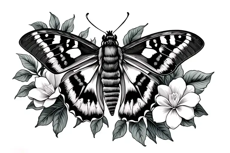 Gardenia flowers behind moth tattoo tattoo design idea