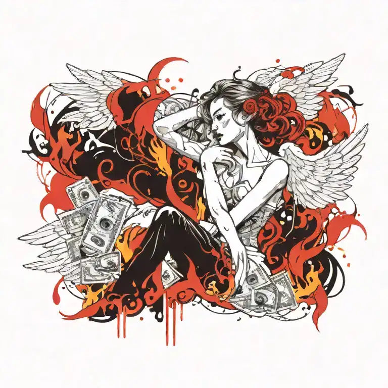 Gang style, woman angel in the middle viewed from the back, dollars, flames, black and white tattoo design idea