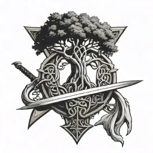 celtic tree of life knot growing on wooden shield with sword crossed behind it tattoo design idea