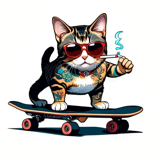 cat standing on a skateboard doing a trick, smoking a cigarette with sun glasses with tattoos tattoo design idea
