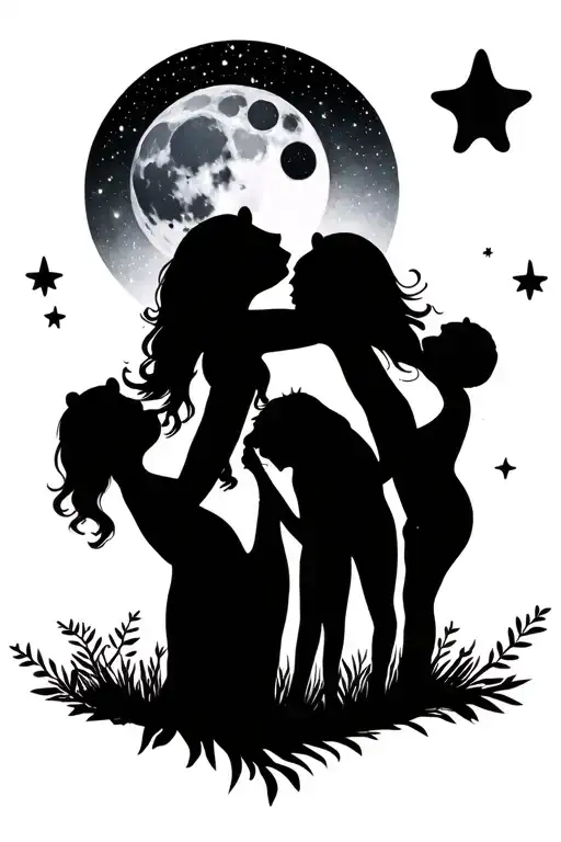 mother with two sons, but make it about Mother Nature. I like moons, starts. my two sons nicknames are Bear and cookie.  tattoo design idea