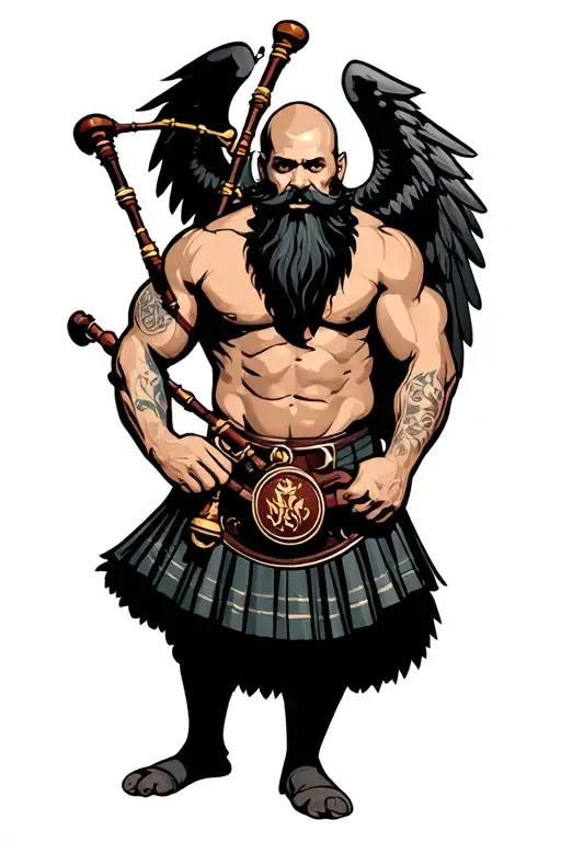 bagpipes in left arm bald shirtless muscular bagpiper black beard with two huge black wings  tattoo design idea