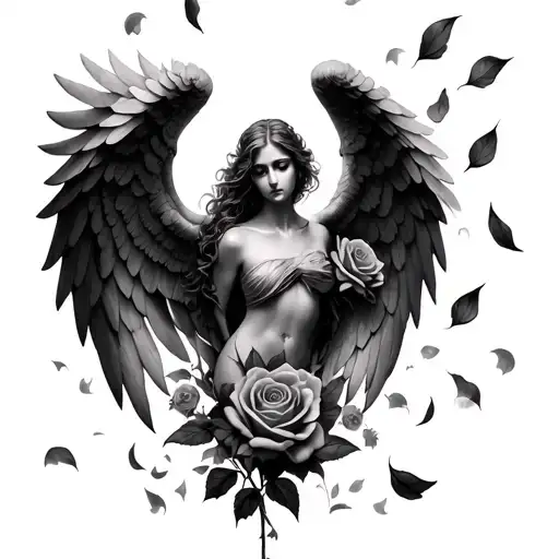 Black and grey surreal tattoo of withering angel wings intertwined with wilted roses and falling petals, tattoo design idea