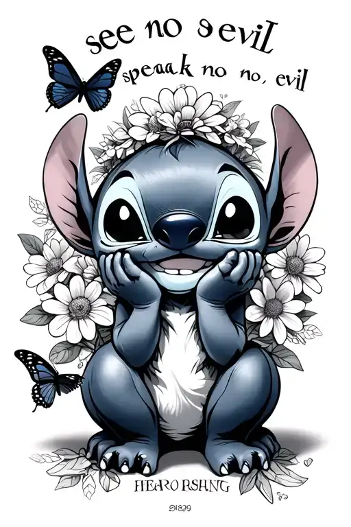 stitch cosplay " see no evil speak no evil hear no evil " with flowers and butterflies  tattoo design idea