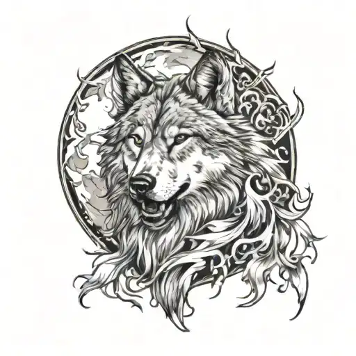 A wolf on fire with a full moon in the background surrounded by a pretty design tattoo design idea