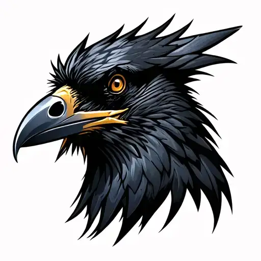 profile of a black crow head with metal  tattoo design idea