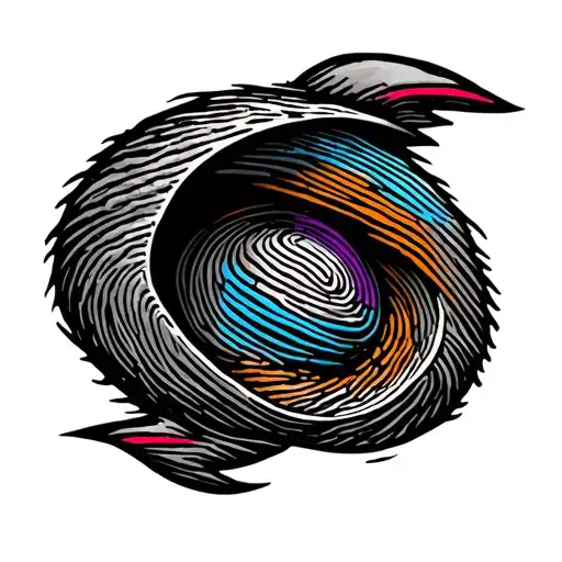 thumb print inside a TMNT shell one red line one blue line one orange line one purple line  tattoo design idea