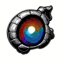thumb print inside a TMNT shell one red line one blue line one orange line one purple line  tattoo design idea