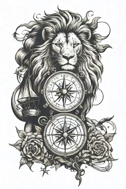 lion, watch, compass, ship, globe tattoo design idea