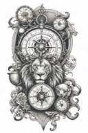 lion, watch, compass, ship, globe tattoo design idea