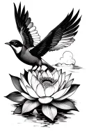 Bird Martin Fisher which flies above a Lotus flower in traditional black and white neo tattoo design idea