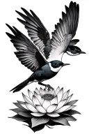 Bird Martin Fisher which flies above a Lotus flower in traditional black and white neo tattoo design idea