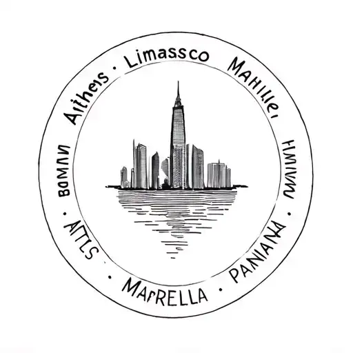 cities in lived in Athens, Limassol, Manila, Marbella, Panama, round with cities names and a visual of city center tattoo design idea