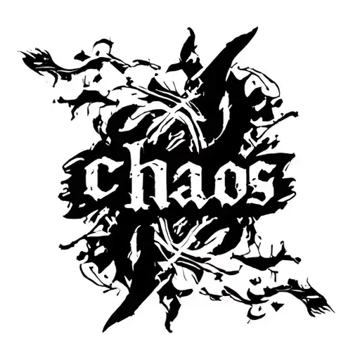 The word "chaos" with a typeface in italic, delicate and with a lot of movement and a design that accompanies this phrase. tattoo design idea