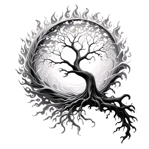 earth, wind, water, fire tree of life intertwined tattoo design idea