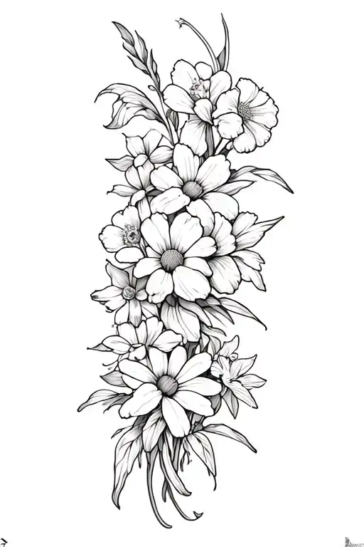 a fine line spine tattoo with the following flowers: sweet pea flower, daffodil, daisy, gladiolus, honeysuckle, and lily tattoo design idea