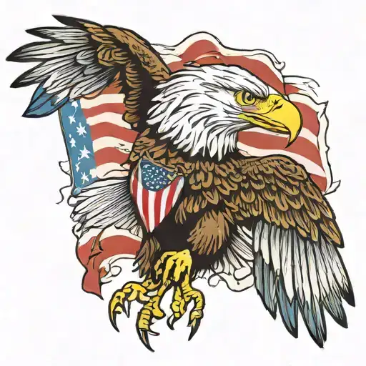 realistic bald eagle with wings spread clutching a tattered American flag in its claws as flag hangs below bird tattoo design idea