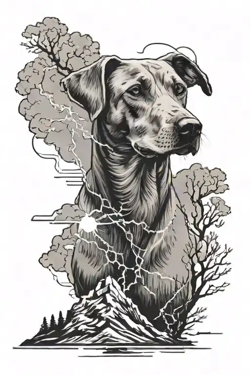 a tattoo sleeve for the upper arm of an mountains, lightning a Weimaraner dog tattoo design idea