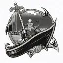 Sword Ragnar Lothbrok with runes with crows and a viking boat on the sea tattoo design idea