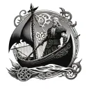 Sword Ragnar Lothbrok with runes with crows and a viking boat on the sea tattoo design idea