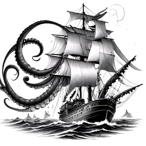 giant squid destroying a ship sailing tattoo design idea