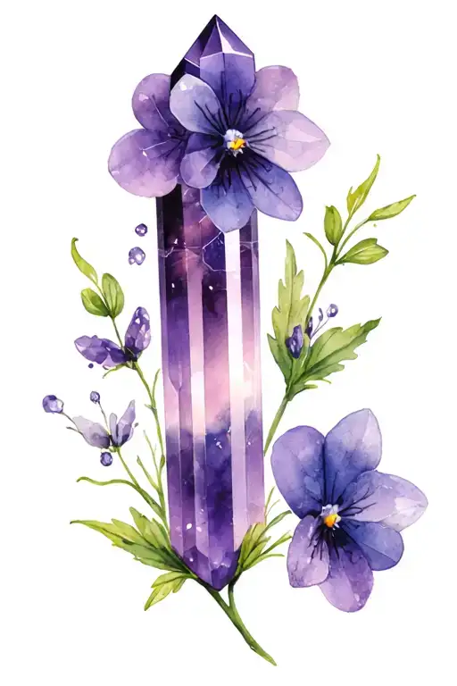 double terminated amethyst point, violets flowers, small pentagram  tattoo design idea