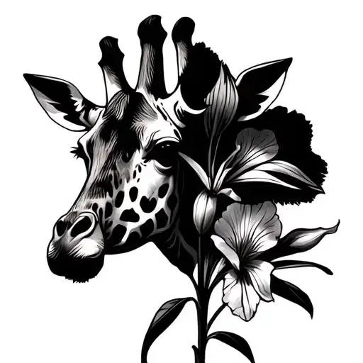 outline of giraffe face morphing into gladiolus flower with Shaw in cursive in flower stem  tattoo design idea