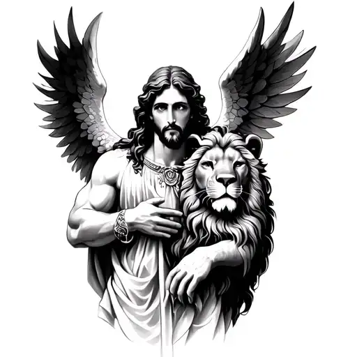 angel gabriel with a lion as head and hands tattoo design idea