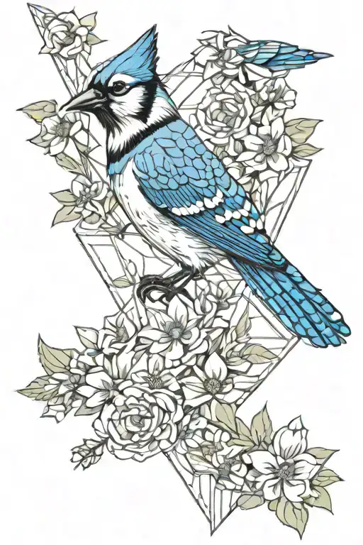 blue jay bird flying, larkspur flowers tattoo design idea