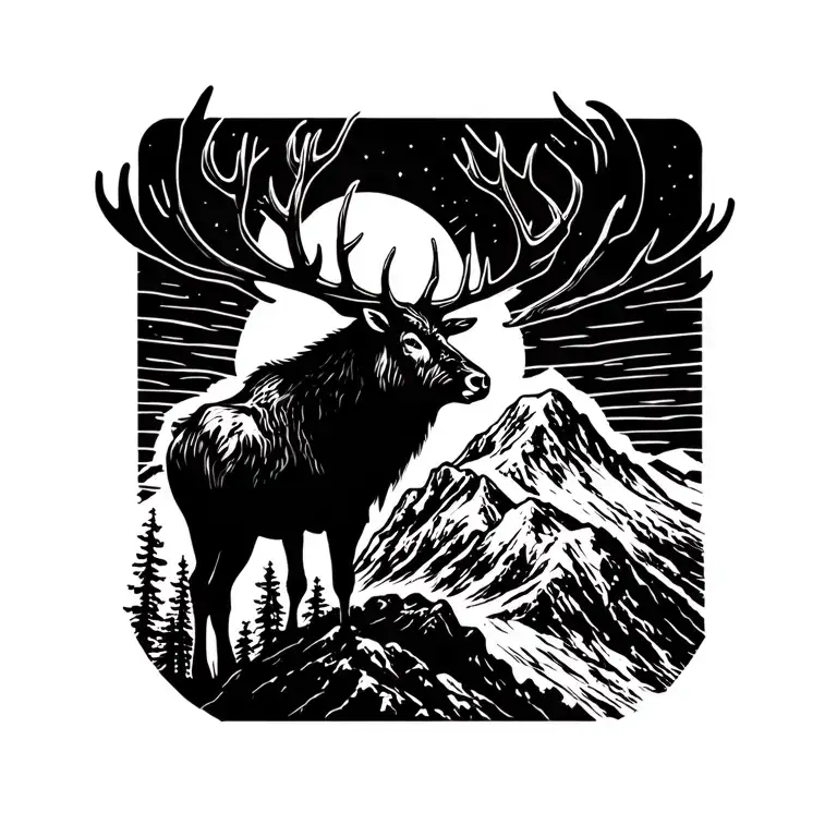 a great Irish elk standing atop a mountain range silhouette fully black with white eyes tattoo design idea