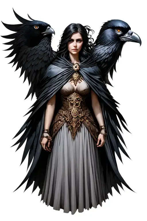 The Morrigan Goddess of Death and a large crow.  Beautiful but terrifying. Wearing a dress with a cloak.  tattoo design idea