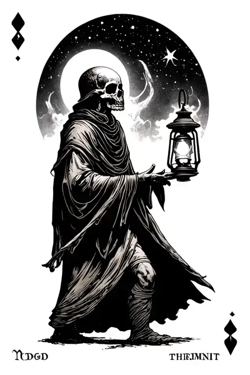 The hermit tarot card walking sideways in darkness holding a lantern thats emitting light. skull with hoo with night sky tattoo design idea