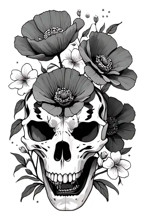 poppies and orange blossoms 5" tall by 3" wide, clusters, vine, small saber tooth tiger skull sideways tattoo design idea