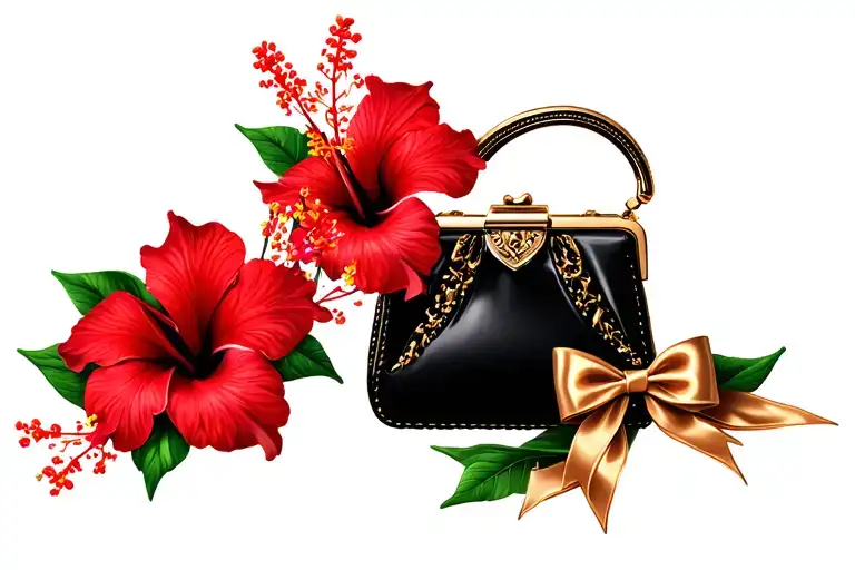multiple red hibiscus flowers around black purse and gold bow tattoo design idea