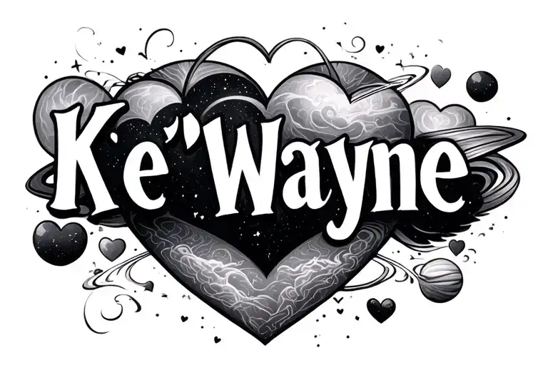 the name Ke'Wayne with hearts and universe coming tattoo design idea