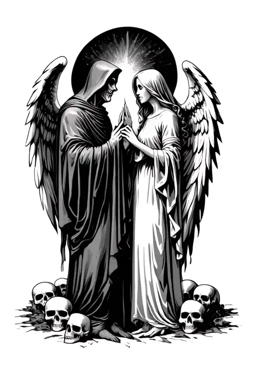 Angel and grim reaper looking at eachother and touching fingers, surrounded by death and skulls tattoo design idea