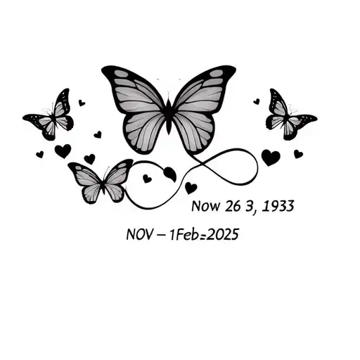 "Nov 26, 1953 - Feb 27, 2025" "1953-2025" infinity symbol 2 butterflies with 7 small butterfly or hearts tattoo design idea